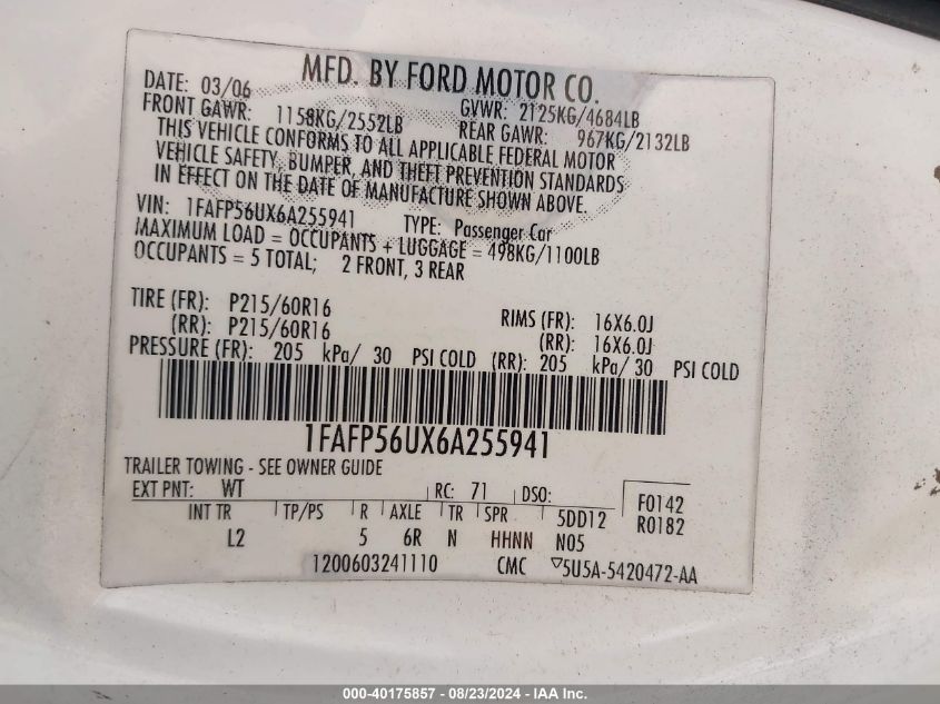 1FAFP56UX6A255941 2006 Ford Taurus Sel