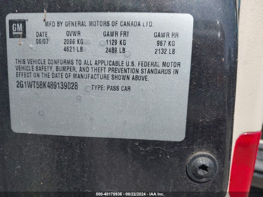 2008 Chevrolet Impala Lt VIN: 2G1WT58K489139028 Lot: 40175936