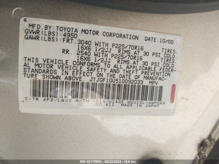 2001 Lexus Rx 300 VIN: JTJGF10U510092033 Lot: 40175993