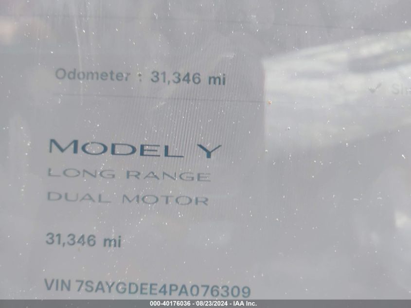 2023 Tesla Model Y Awd/Long Range Dual Motor All-Wheel Drive VIN: 7SAYGDEE4PA076309 Lot: 40176036