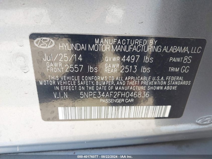 2015 Hyundai Sonata Limited VIN: 5NPE34AF2FH046836 Lot: 40176077