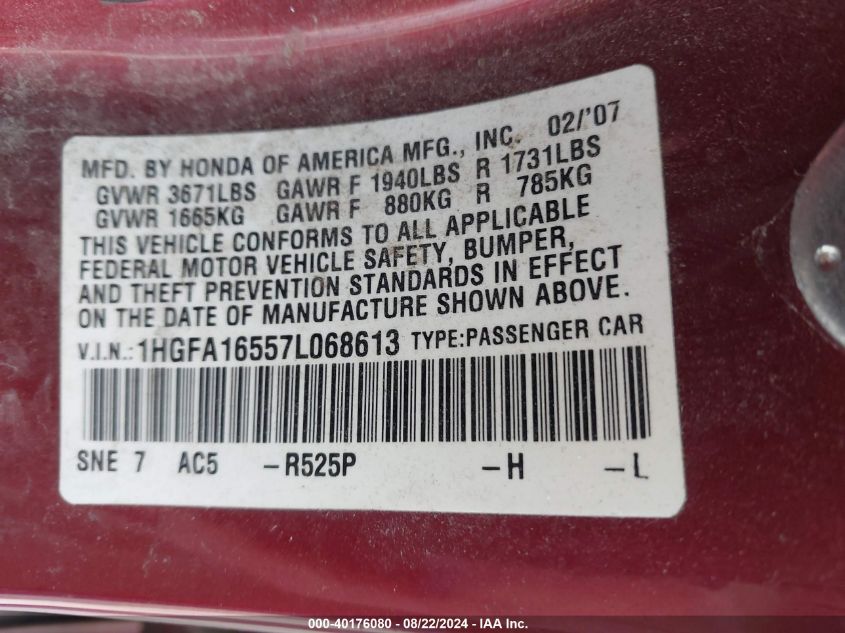 2007 Honda Civic Lx VIN: 1HGFA16557L068613 Lot: 40176080