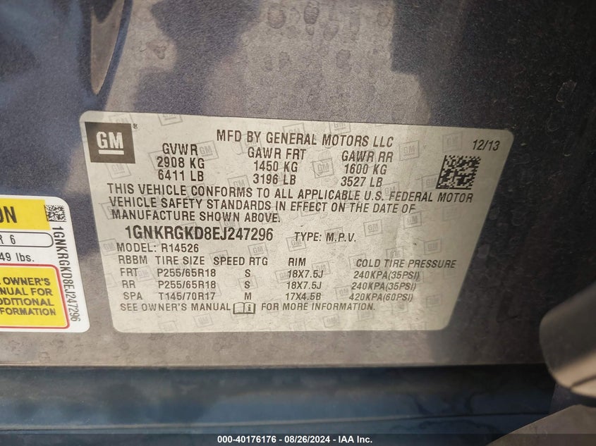 1GNKRGKD8EJ247296 2014 Chevrolet Traverse 1Lt