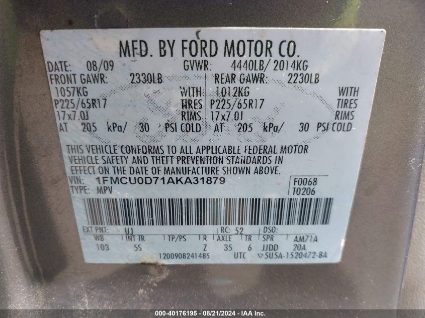 2010 Ford Escape Xlt VIN: 1FMCU0D71AKA31879 Lot: 40176195