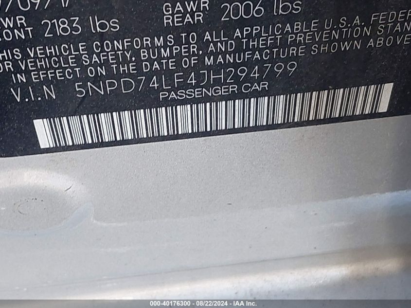 2018 Hyundai Elantra Se VIN: 5NPD74LF4JH294799 Lot: 40176300