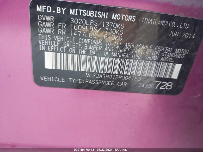 ML32A3HJ7FH004760 2015 Mitsubishi Mirage De/Rf