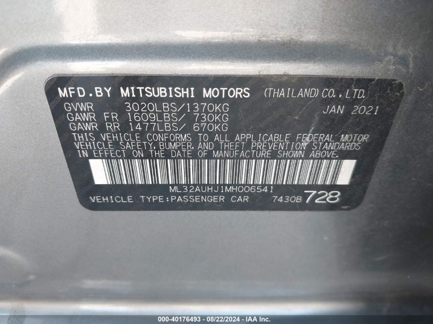 2021 Mitsubishi Mirage Carbonite Edition/Es/Le VIN: ML32AUHJ1MH006541 Lot: 40176493