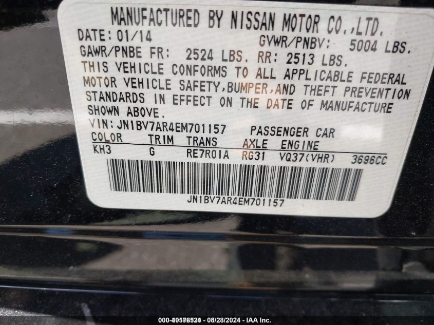 2014 Infiniti Q50 VIN: JN1BV7AR4EM701157 Lot: 40176524