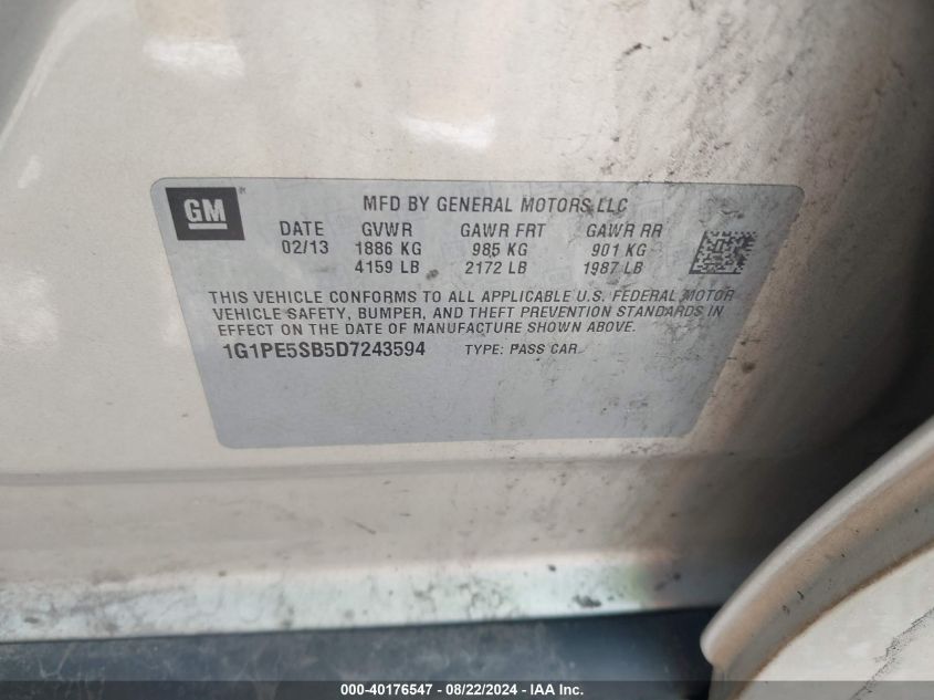 2013 Chevrolet Cruze 2Lt Auto VIN: 1G1PE5SB5D7243594 Lot: 40176547