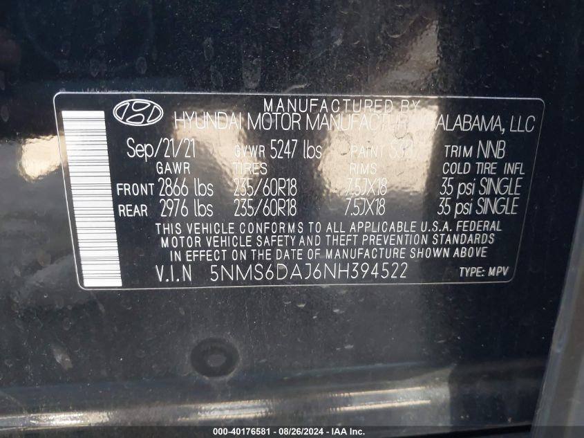 2022 Hyundai Santa Fe Xrt VIN: 5NMS6DAJ6NH394522 Lot: 40176581