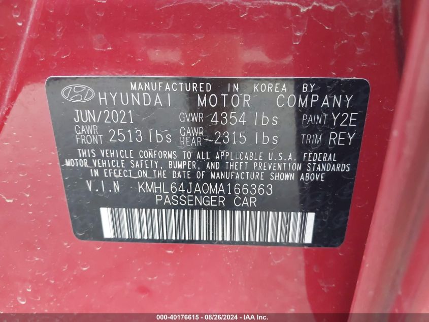 2021 Hyundai Sonata Sel VIN: KMHL64JA0MA166363 Lot: 40176615