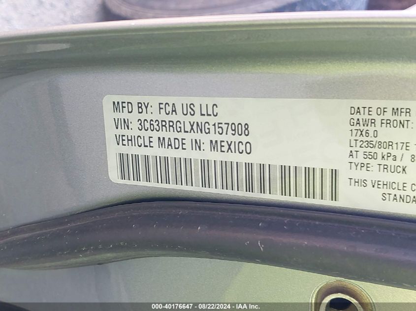 2022 Ram 3500 Tradesman 4X4 8' Box VIN: 3C63RRGLXNG157908 Lot: 40176647