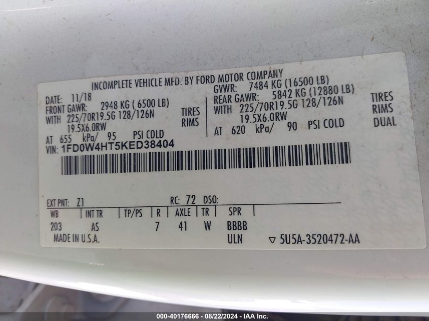 2019 Ford F-450 Chassis Xl VIN: 1FD0W4HT5KED38404 Lot: 40176666