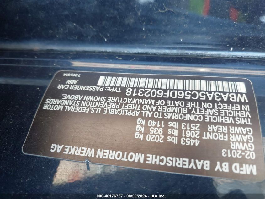 2013 BMW 328I VIN: WBA3A5C56DF602318 Lot: 40176737