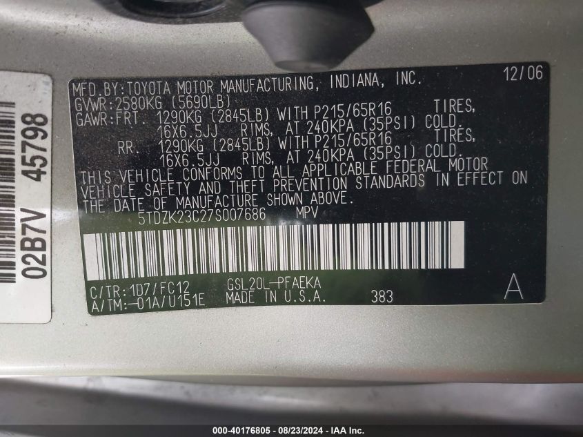 2007 Toyota Sienna Le VIN: 5TDZK23C27S007686 Lot: 40176805