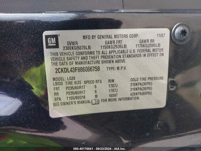 2008 Pontiac Torrent VIN: 2CKDL43F886066758 Lot: 40176841