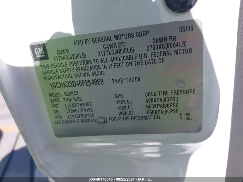 2006 Chevrolet Silverado 2500Hd Lt3 VIN: 1GCHK23D46F254968 Lot: 40176846