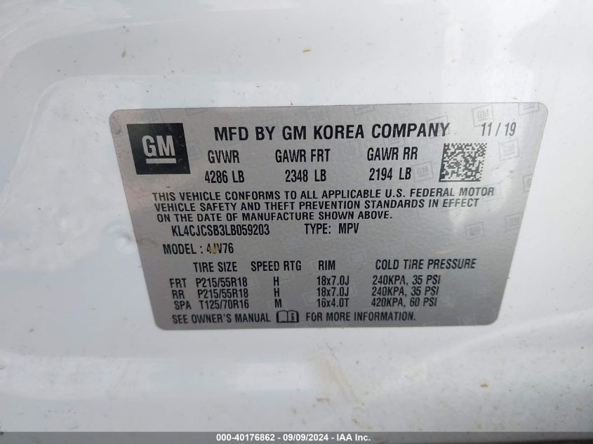 2020 Buick Encore Fwd Essence VIN: KL4CJCSB3LB059203 Lot: 40176862