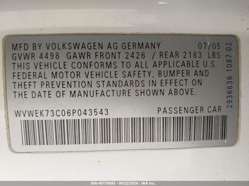 2006 Volkswagen Passat 2.0T VIN: WVWEK73C06P043543 Lot: 40176893