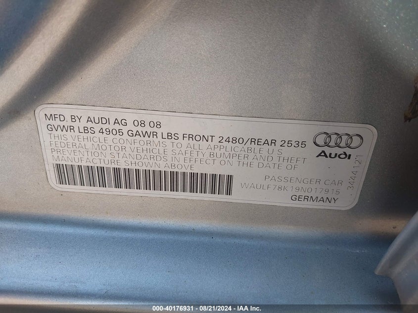 2009 Audi A4 2.0T Premium VIN: WAULF78K19N017915 Lot: 40176931