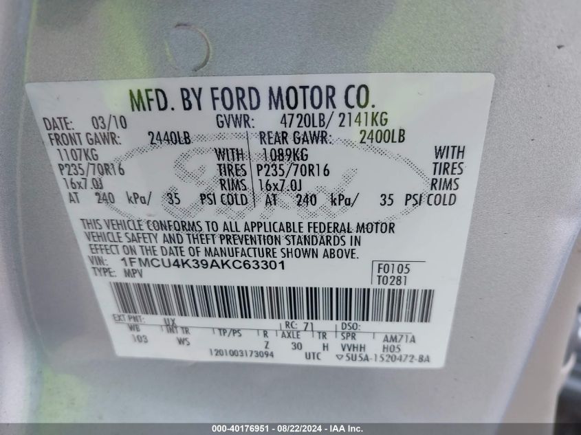 2010 Ford Escape Hybrid Limited VIN: 1FMCU4K39AKC63301 Lot: 40176951