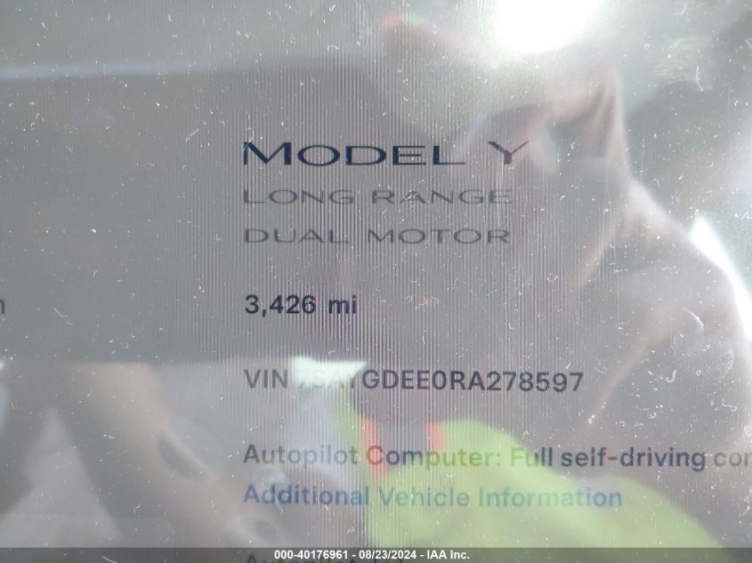 2024 Tesla Model Y Long Range Dual Motor All-Wheel Drive VIN: 7SAYGDEE0RA278597 Lot: 40176961