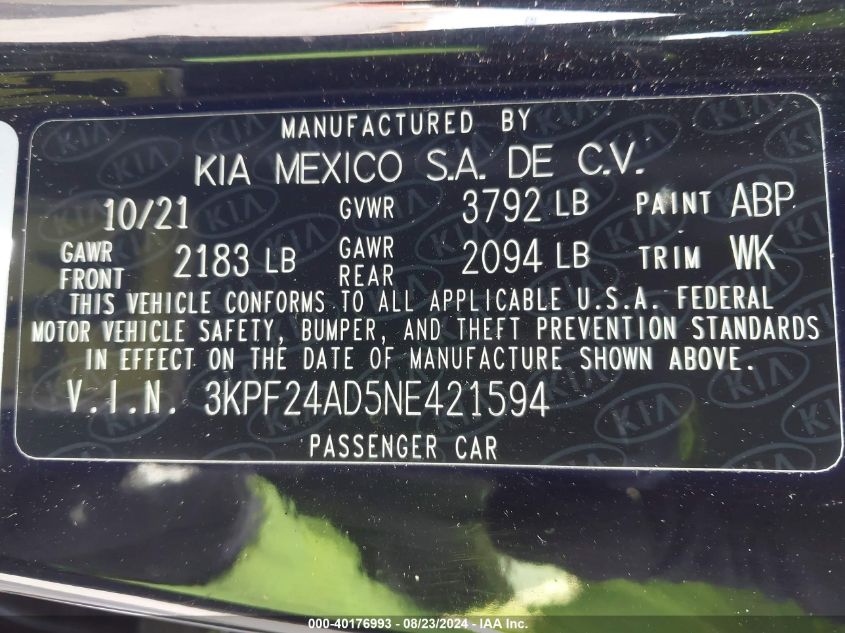 2022 Kia Forte Lxs VIN: 3KPF24AD5NE421594 Lot: 40176993