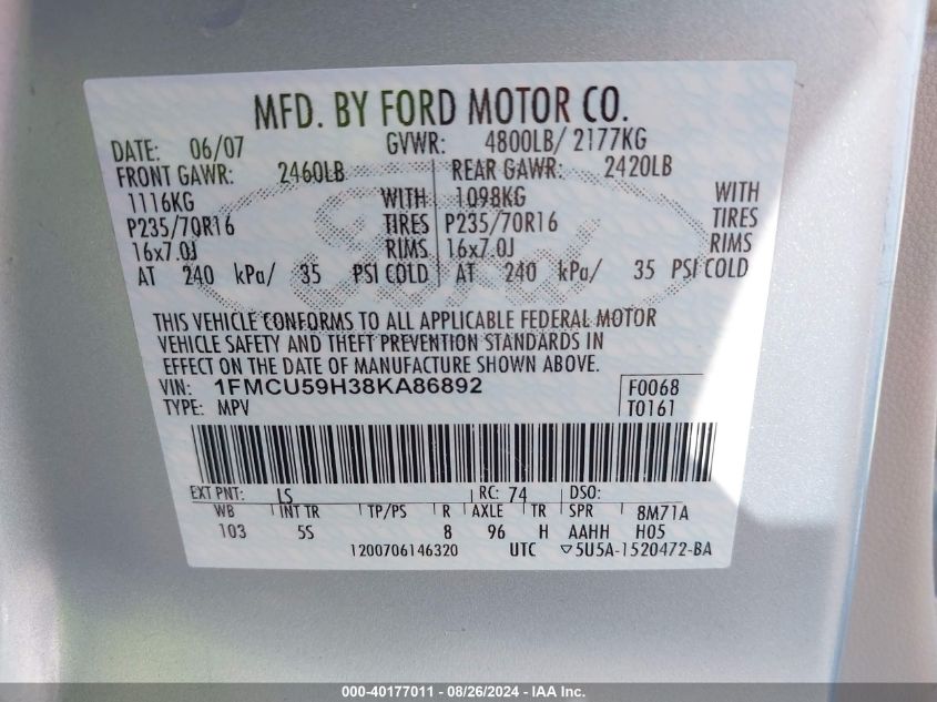 2008 Ford Escape Hybrid VIN: 1FMCU59H38KA86892 Lot: 40177011