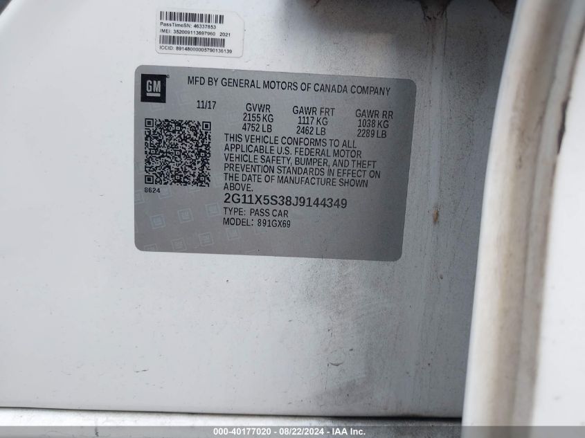 2018 Chevrolet Impala 1Fl VIN: 2G11X5S38J9144349 Lot: 40177020
