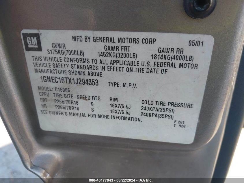 2001 Chevrolet Suburban 1500 Lt VIN: 1GNEC16TX1J294353 Lot: 40177043