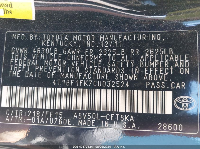 2012 Toyota Camry Se VIN: 4T1BF1FK7CU032524 Lot: 40177124