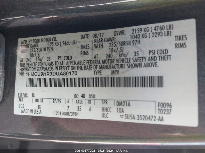 2013 Ford Escape Sel VIN: 1FMCU9HX3DUA80170 Lot: 40177208