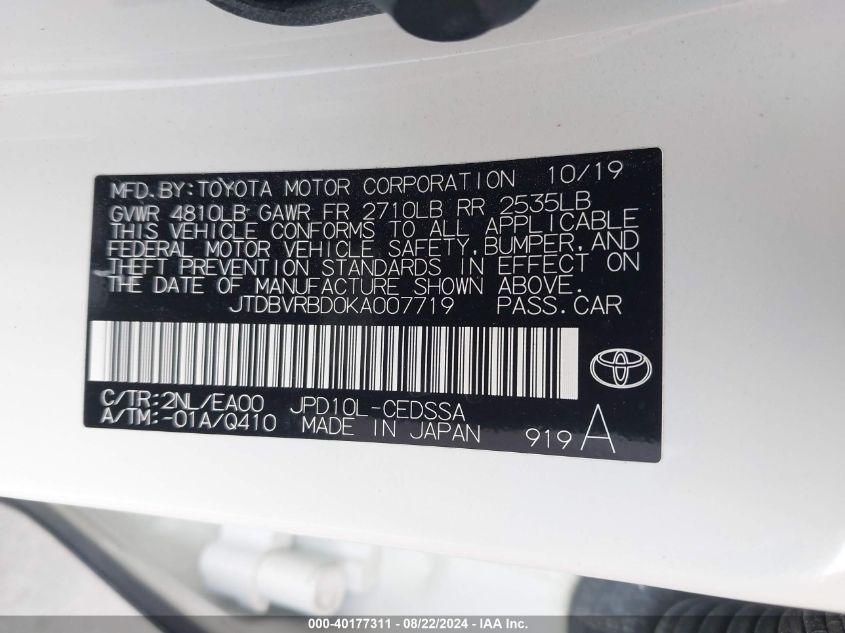 2019 Toyota Mirai VIN: JTDBVRBD0KA007719 Lot: 40177311