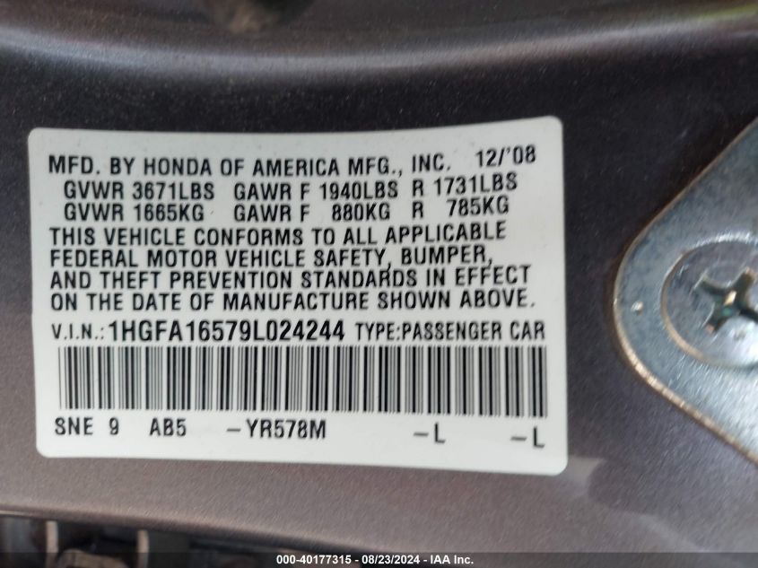 2009 Honda Civic Lx VIN: 1HGFA16579L024244 Lot: 40177315