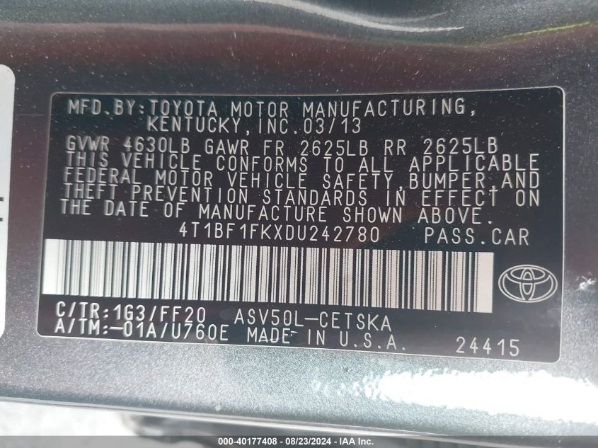 2013 Toyota Camry Se VIN: 4T1BF1FKXDU242780 Lot: 40177408