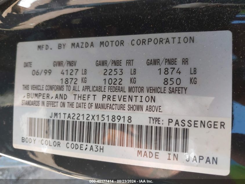 1999 Mazda Millenia VIN: JM1TA2212X1518918 Lot: 40177414