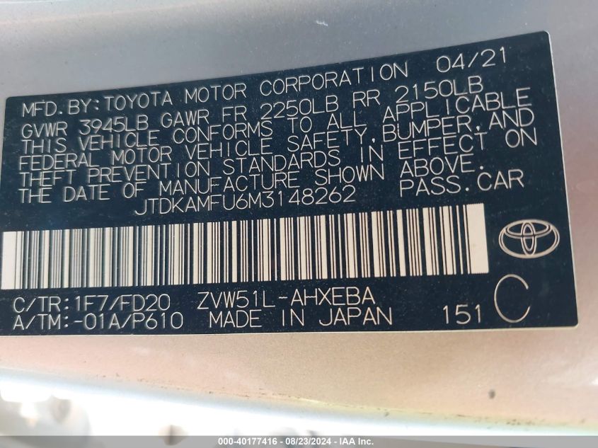 2021 Toyota Prius Le VIN: JTDKAMFU6M3148262 Lot: 40177416