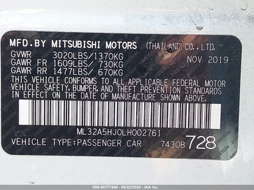 2020 Mitsubishi Mirage Le VIN: ML32A5HJ0LH002761 Lot: 40177448