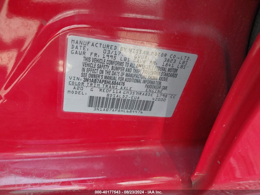 2017 Nissan Sentra Sv VIN: 3N1AB7AP8HL684476 Lot: 40177543