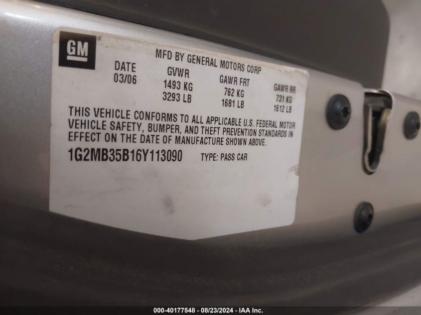 2006 Pontiac Solstice VIN: 1G2MB35B16Y113090 Lot: 40177548