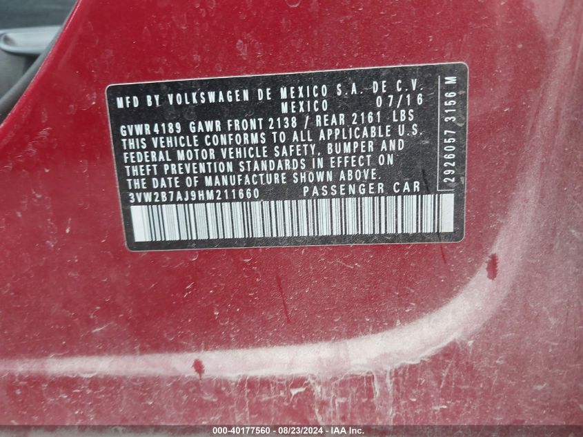 2017 Volkswagen Jetta 1.4T S VIN: 3VW2B7AJ9HM211660 Lot: 40177560