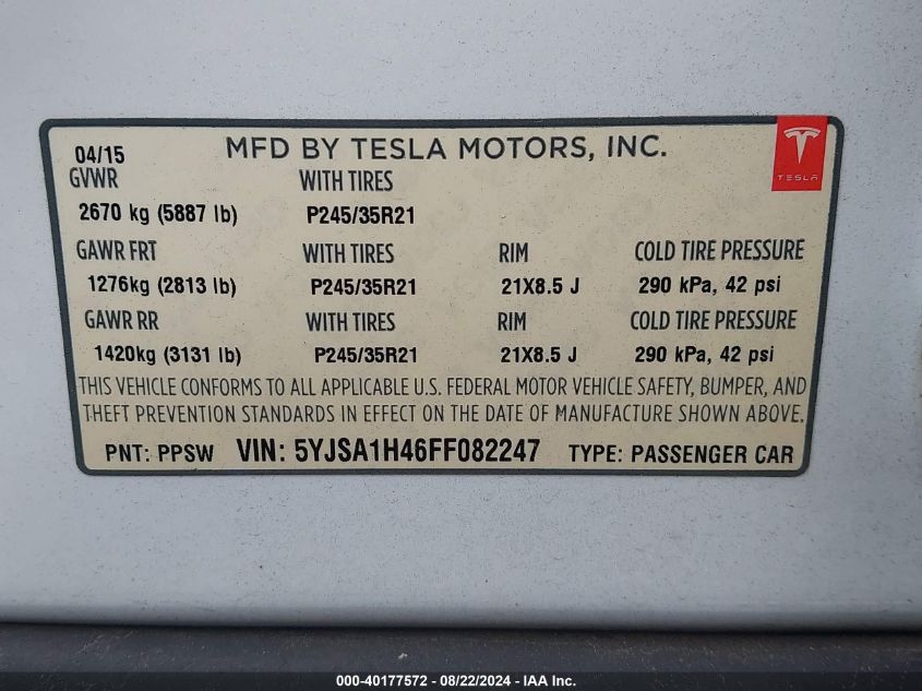 5YJSA1H46FF082247 2015 Tesla Model S 85D/P85D