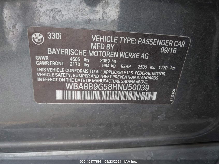 2017 BMW 330I VIN: WBA8B9G58HNU50039 Lot: 40177598