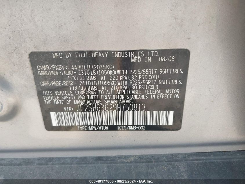 2009 Subaru Forester 2.5X VIN: JF2SH63629H750813 Lot: 40177606