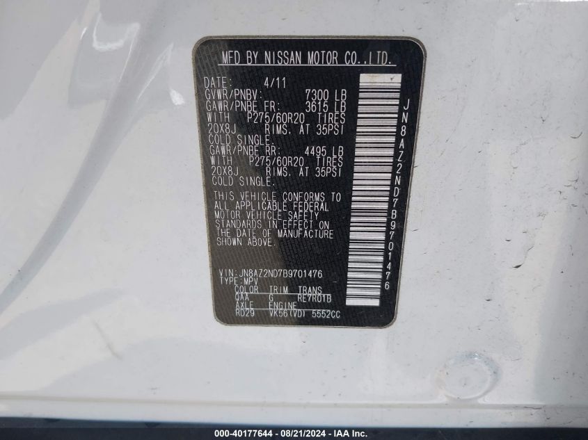 2011 Infiniti Qx56 VIN: JN8AZ2ND7B9701476 Lot: 40177644