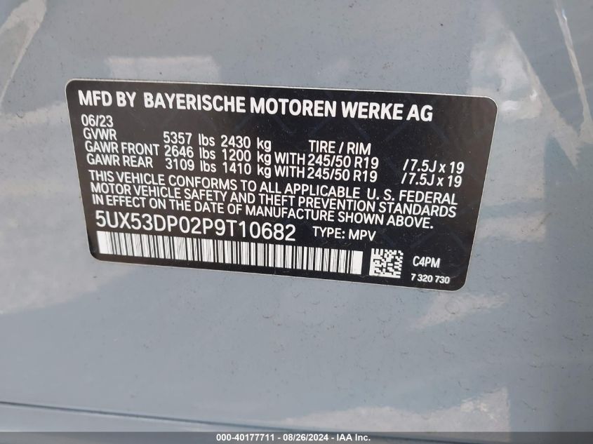 2023 BMW X3 xDrive30I VIN: 5UX53DP02P9T10682 Lot: 40177711