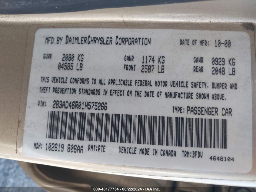 2001 Dodge Intrepid Se VIN: 2B3AD46R01H575266 Lot: 40177734