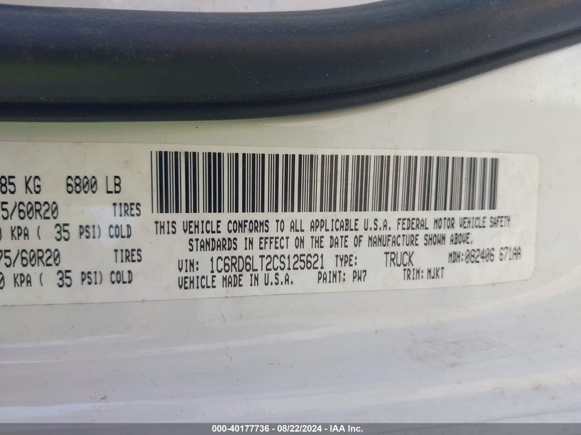 2012 Ram 1500 Slt VIN: 1C6RD6LT2CS125621 Lot: 40177736