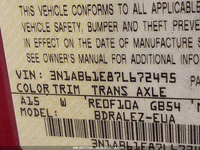 2007 Nissan Sentra 2.0S VIN: 3N1AB61E87L672495 Lot: 40177744