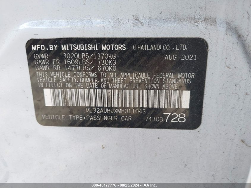 2021 Mitsubishi Mirage Carbonite Edition/Es/Le VIN: ML32AUHJXMH011043 Lot: 40177776